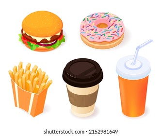 Set of fast food dishes. Cola, coffee, cheesburger, french fries, hot dog, pizza, donut, sandwich, toasts isolated on white background. Breakfast vector illustration in cartoon flat style.