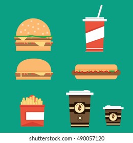 Set of fast food dishes. Flat style icons. Hot dog. Hamburger. Soda. Coffee. French fries