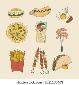 A set of fast food dishes. Hamburger, French fries, hot dog and tacos. Pizza, sausages and barbecue.