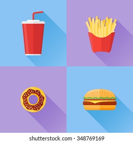 Set of fast food. Donut, hamburger, french fries and soda takeaway. Flat style vector illustration.