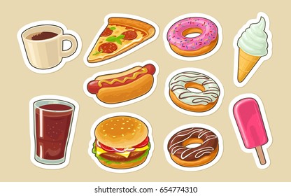 Set of fast food. Donut, ice cream, popsicle, pizza, hamburger, pizza, hotdog, cup coffee and cola. Vector flat illustration for poster, menu, web and icon. Isolated on beige background.
