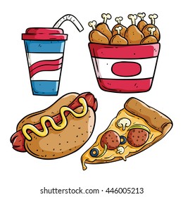 Set of fast food with doodle art