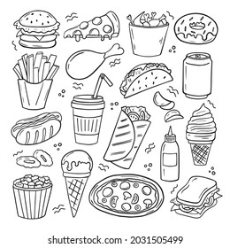 Set of fast food doodle. Burger, hot dog, sausage, onion, donut, drinks, fries and pizza in sketch style. Hand drawn vector illustration isolated on white background.