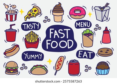 set of fast food doodle color good forbackground, wallpaper, sticker, element design, icon, etc