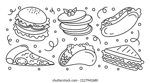 A set of fast food doodle elements.Junk food.Burger,hot dog,burrito,sandwich, pizza. Isolated on a white background.
