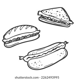 A set of fast food doodle elements.Junk food. Isolated on a white background.