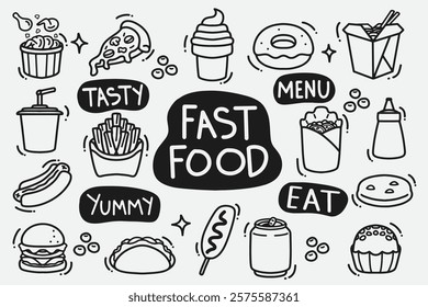 set of fast food doodle good for wallpaper, background, element design, icon, coloring page, etc