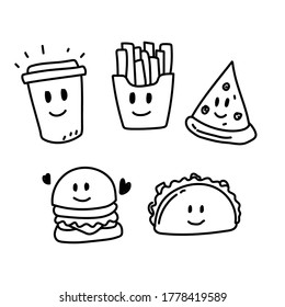 Set of fast food doodle illustration with facial expression isolated on white background 