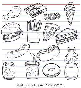 set of fast food in doodle style for decoration.