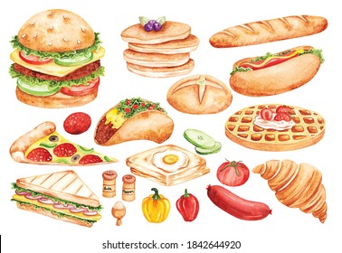 set of fast food doodle in watercolor style vector illustration