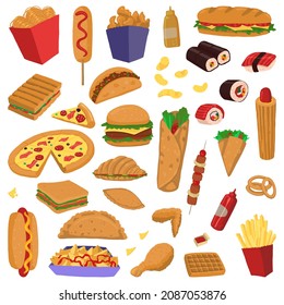 Set of fast food doodles. Collection of varied delicious food. Hand drawn vector illustration in flat style. Cartoon cliparts isolated on white background.