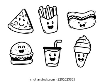 Set of fast food doodles with facial expressions isolated on white background