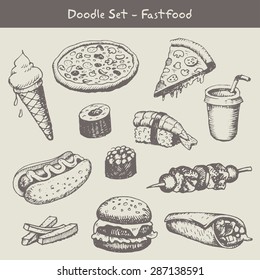 set of fast food doodles illustration