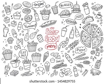 Set of fast food doodles on white. Vector illustration. Perfect for menu or food package design.