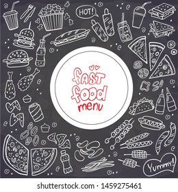 Set of fast food doodles on chalkboard. Vector illustration. Perfect for menu or food package design.