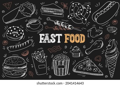 Set of fast food doodles on chalkboard. Burger, donuts, chicken legs, ice cream, pizza etc.  Doodle vector  illustrations in black and white blackboard chalk style