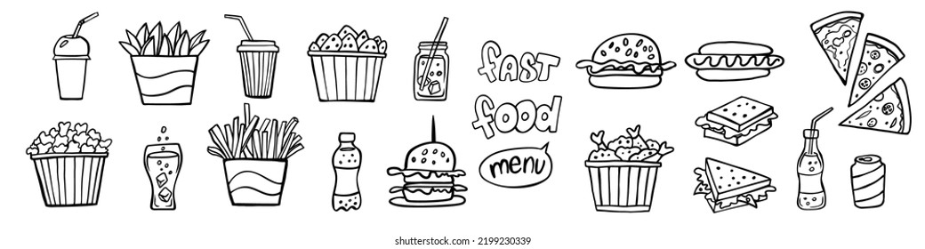 Set of fast food doodles on white. Vector illustration. Perfect for menu or food package design.