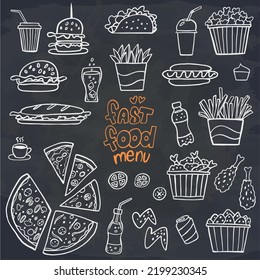 Set of fast food doodles on chalkboard. Vector illustration. Perfect for menu or food package design.