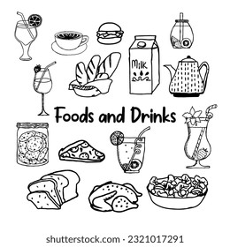 Set of fast food doodles. Vector illustration. Perfect for menu or food package design.