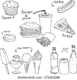 set of fast food drawing by ink, vector design element, hand drawn illustration