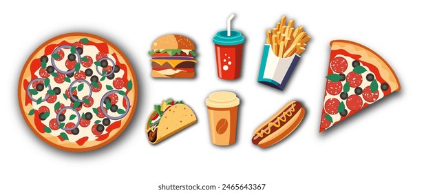 a set of fast food. drawing pizza, burger, tacos, French fries, hot dog, cup of coffee, soda in a bright cartoon style. isolated on a white background. vector illustration