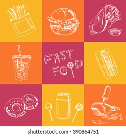 Set of Fast Food drawings. Sketches. Hand-drawing. Vector illustration of for design menus, and packages product. Vector Illustration.