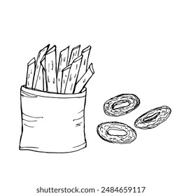 Set of fast food drawings. Vector doodle image of fried food and fries. Unhealthy snack, not healthy lifestyle. Delicious food drawn by hand.