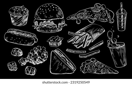 Set of fast food. Drawn on chalckboard hamburger, french fries, coffee, soda, sauce, pizza, hot dog, nuggets, sandwich, burger, ice cream. Sketch style collection of street food isolated on black back