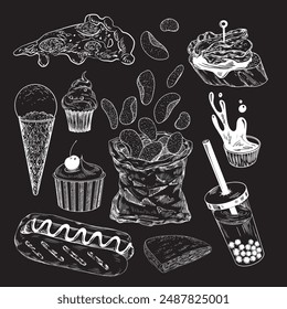 Set of fast food. Drawn on chalkboard sketch style chips bag, bubble tea, hot dog, pizza, sauce. Engraved desserts, cupcake, ice cream. Spanish tapas. Hand drawn collection of street food