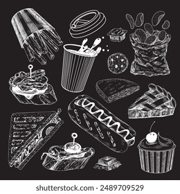 Set of fast food. Drawn on chalkboard sketch style french fries, hot dog, glass of coffee, ice cream, sandwich, bag of chips, khachapuri, apple pie. Hand drawn collection of street food