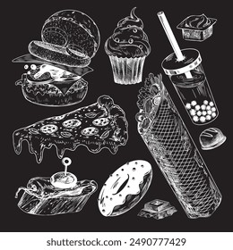 Set of fast food. Drawn on chalkboard sketch style shawarma, bubble tea, pizza, burger, chocolate, donut, cupcake, tapas. Hand drawn collection of street food isolated on black background