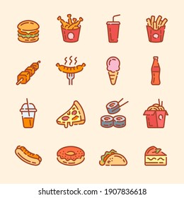 Set Of Fast Food And Drink Color Outline Icons. Meal And Beverage Vector Illustration.