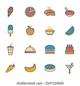 Set of fast food and drink color outline icons. Meal and beverage vector illustration.