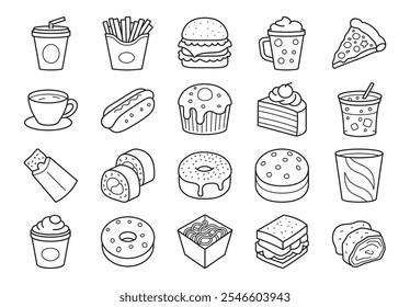 Conjunto de comida rápida y bebida Linear Icon. Colección de iconos de contorno. Donut, soda, cupcake, pastel, hot dog, café, fideos, sándwich, rollos, hamburguesa, helado, pizza. Simple Ilustración vectorial.