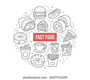 Conjunto de Fast food e bebida Linear Ícone. Contornar símbolos vetoriais em uma composição circular. Rosca, batatas fritas, refrigerante, bolo, cachorro-quente, café, rolos, hambúrguer.