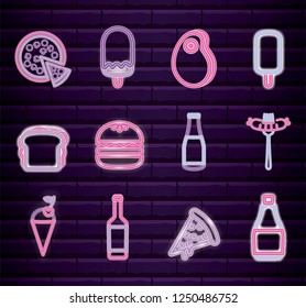 set fast food with drink neon light label