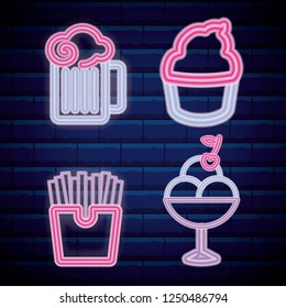 set fast food with drink neon light label