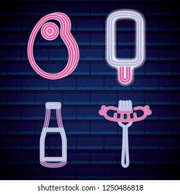 set fast food with drink neon light label
