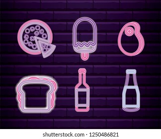 set fast food with drink neon light label
