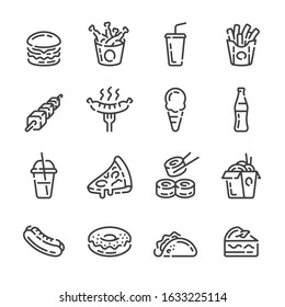 Set of fast food and drink outline icons. Meal and beverage line vector illustration.