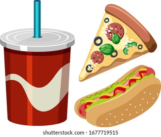 Set of fast food with drink and pizza on white background illustration