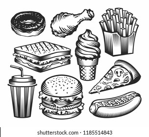 Set Fast food with drinks . Vector Hand drawn Isolated vector objects. Hamburger, pizza, hot dog, cheeseburger, coffee and soda cups, ice cream , french fries, donuts, sandwich, chicken leg,