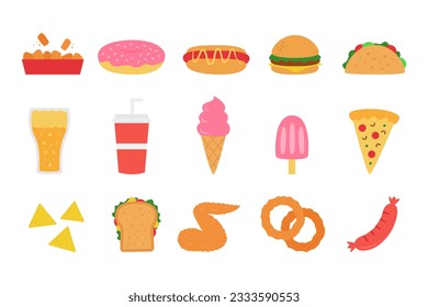 Set of fast food element flat design illustration