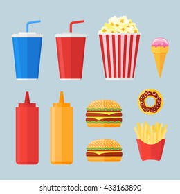 Set of fast food elements in flat style. Donut, hamburger, french fries, popcorn, soda takeaway, ketchup, mustard and ice cream isolated on blue background. Vector illustration.