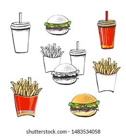 Set of fast food elements: french fry potato, burger, drink. Fashion fast food stylish modern textile t-shirt design. Vector fashion sketch. White background. Vintage fabric print. Beautiful pattern