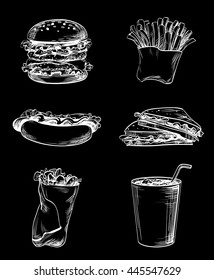 Set of fast food elements, hand drawn graphic icons French fries, sandwich, hamburger, Hot Dog and soda drink for menu the restaurant, cafe, bistro or snack bar, vector white on black, inversion