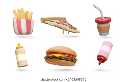 Set of fast food elements isolated on white background. Sauce, burger, french fries, pizza, soda in 3D realistic style. Vector illustrator