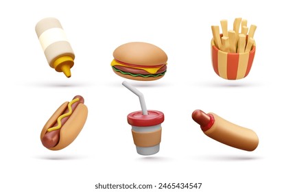 Set of fast food elements isolated on white background. Sauce, burger, french fries, hot dog, coffee in 3D realistic style. Vector illustrator