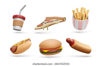 Conjunto de Elementos de comida rápida aislados sobre fondo blanco. Pizza, hamburguesa, papas fritas, dios caliente, soda en estilo realista 3D. ilustrador de Vector