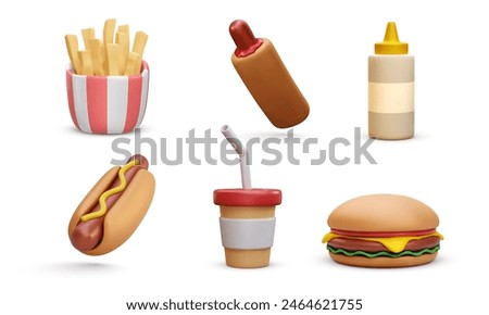 Set of fast food elements isolated on white background. Sauce, burger, french fries, hot god, soda in 3D realistic style. Vector illustrator